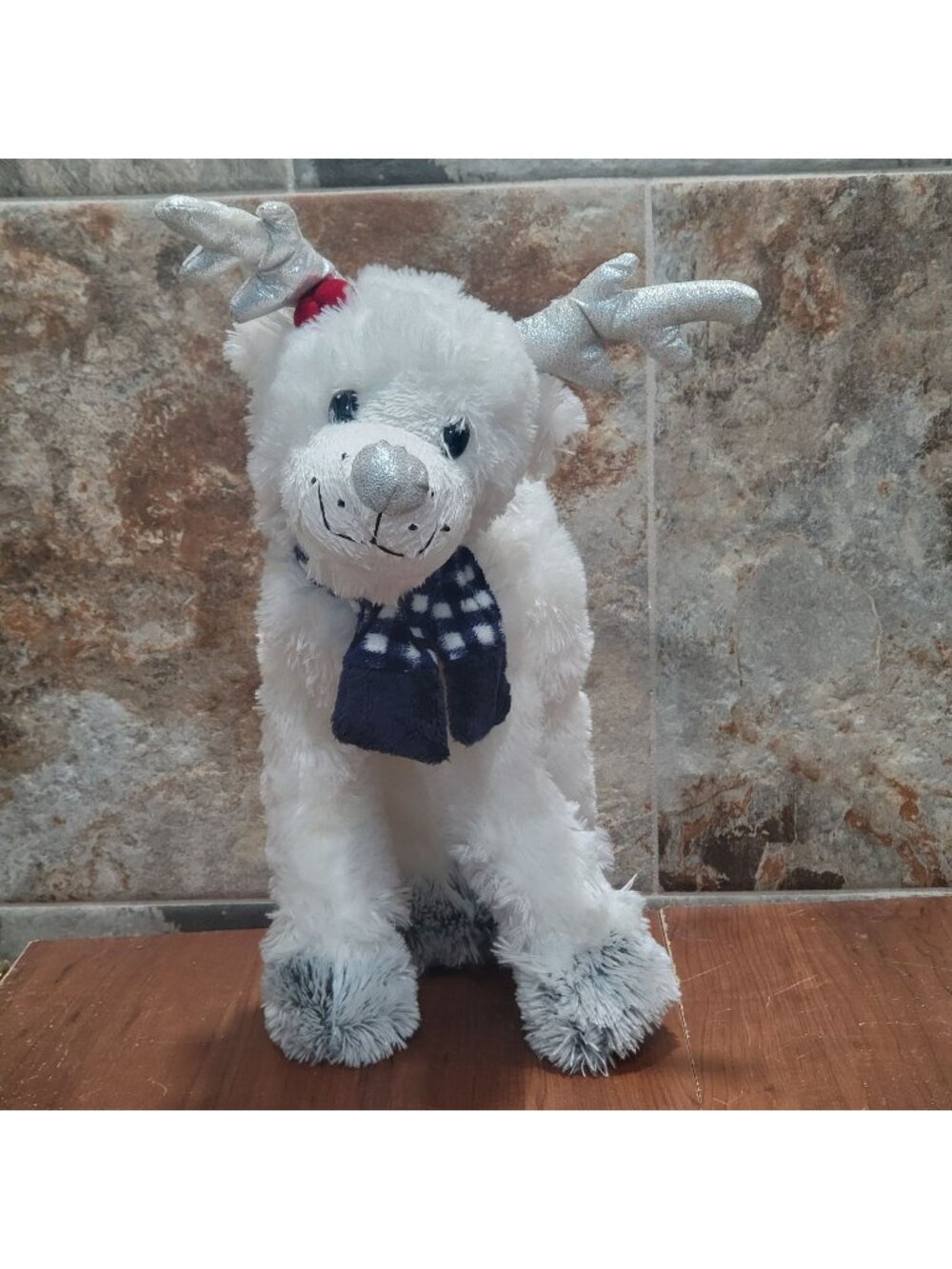 Christmas White Reindeer Plush Silver Glitter Antlers Blue Checkered Plaid Scarf